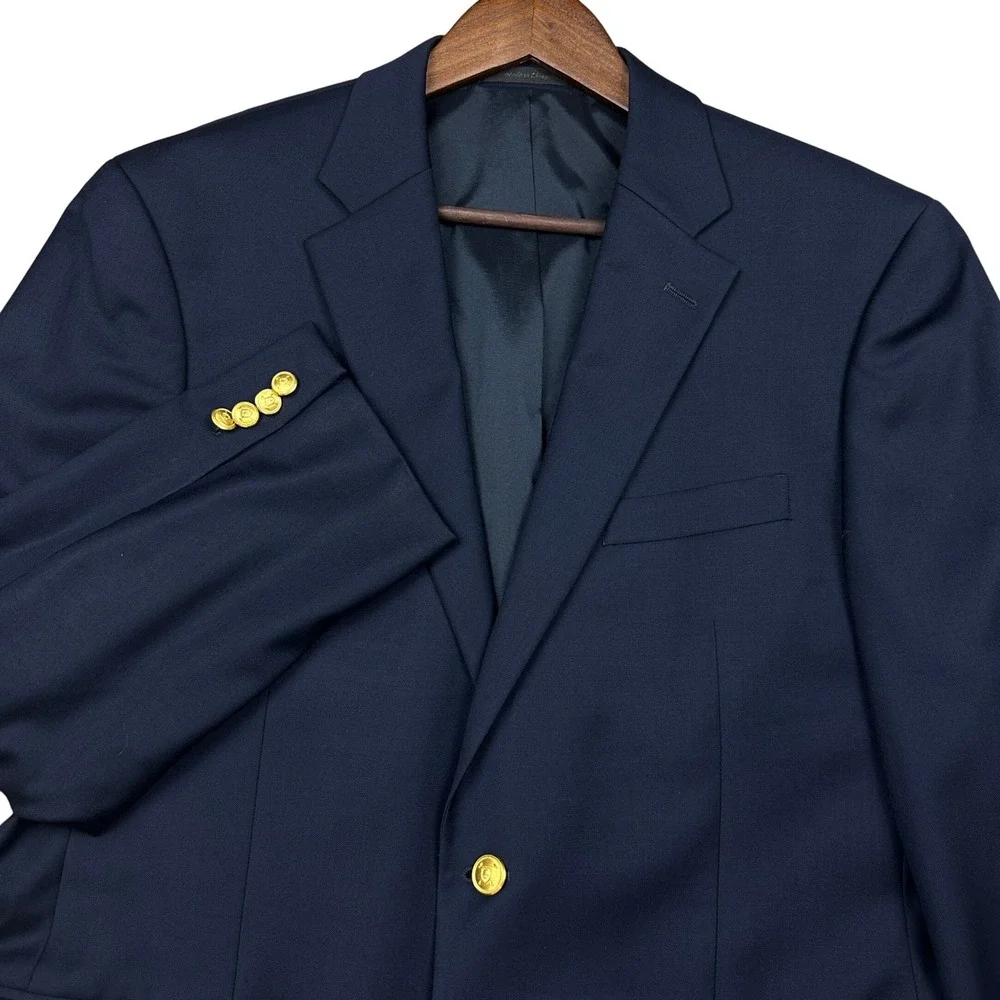 Lauren Ralph Lauren Mens Navy Blue 100% Wool Blazer Gold Crest Button Jacket 41R